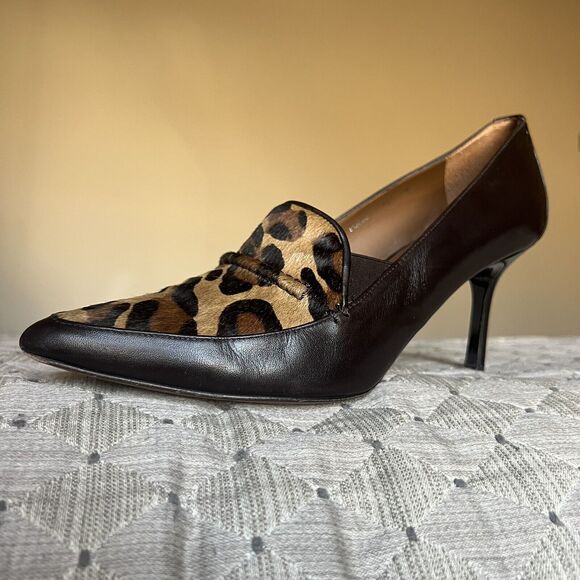 Donald Pliner Toro Brown Leather & Leopard Pony Fur Women’s 9 Heels Pointed Toe - Picture 1 of 16